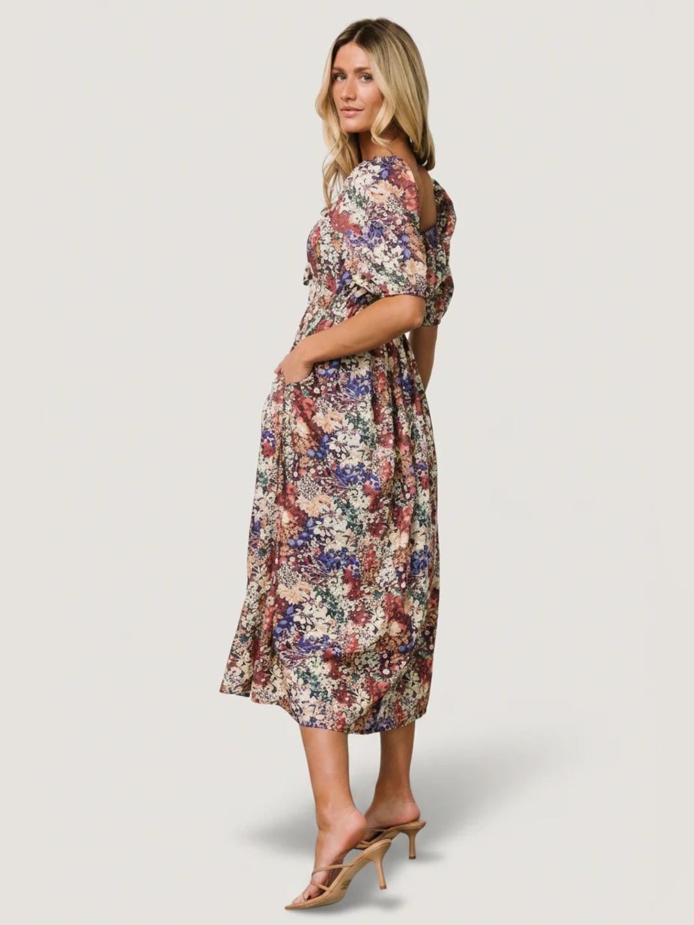 EUC Baltic Born Eden Dress Multi-Color Floral Puff Sleeve Square Neck Midi Dress - Picture 3 of 14